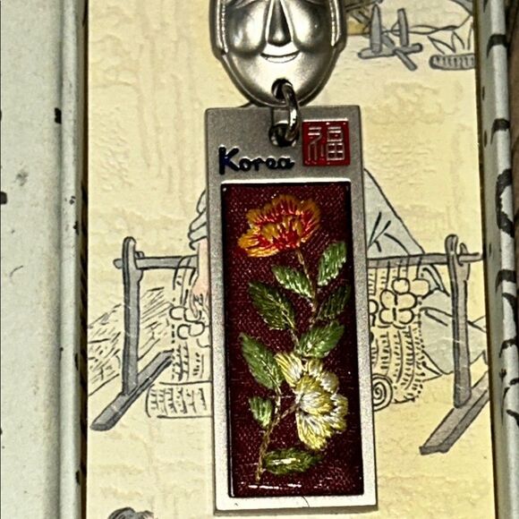 Silver Tone Korean Mask Keychain with Flower 🌺 Tag In Box 🗃️ engraved back Korea - Picture 1 of 17